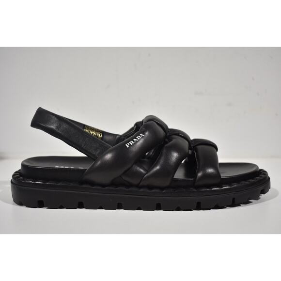 Prada Blow Black Padded Leather Logo Strappy Slingback Sport Sandal Flat 39.5 - Picture 2 of 12
